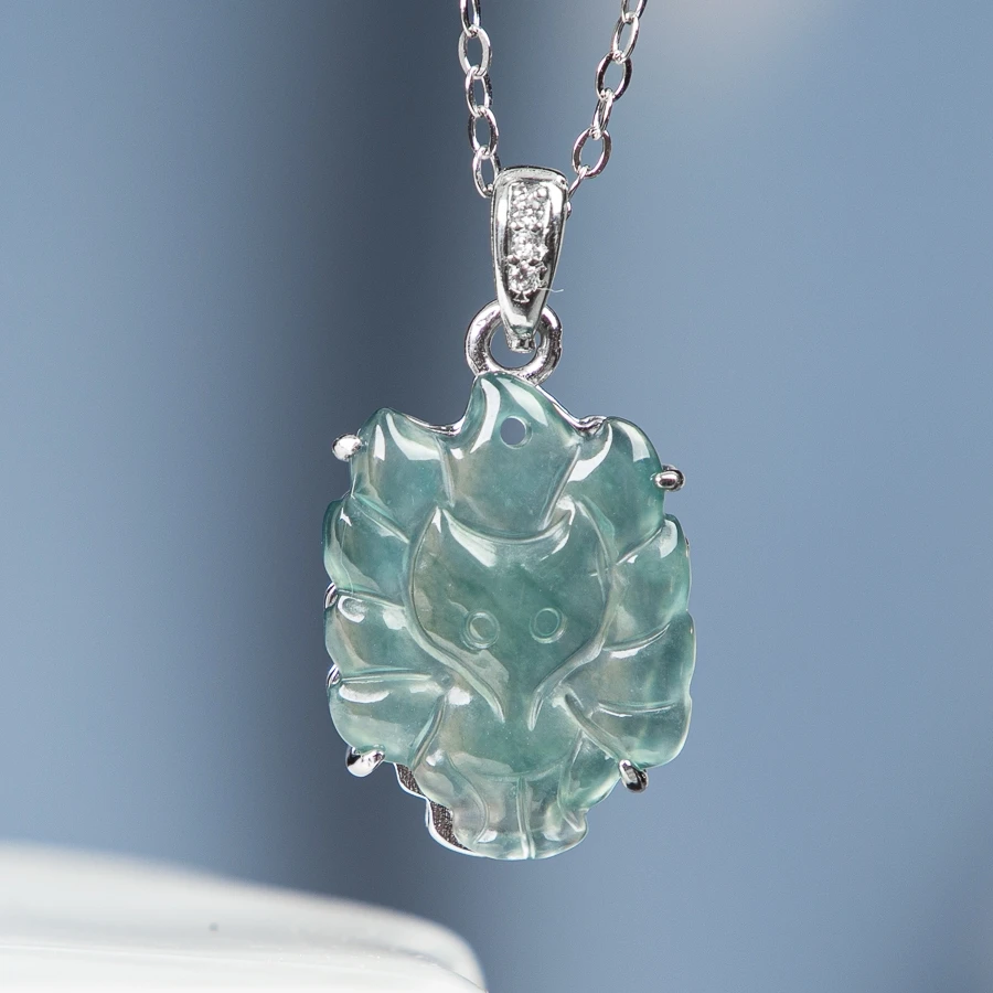 

TIMESWIND Light Blue Natural A-grade jade Little Nine-Tailed Fox S925 Silver women Necklace with certificate