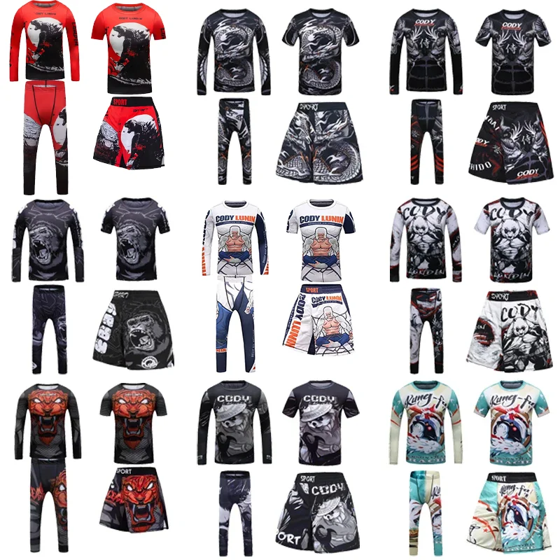 Children MMA Tracksuit Jiu Jitsu BJJ Trainning Rashguard Sets 4 Pieces Sportsuit For Figting Grappling Uniform Custom