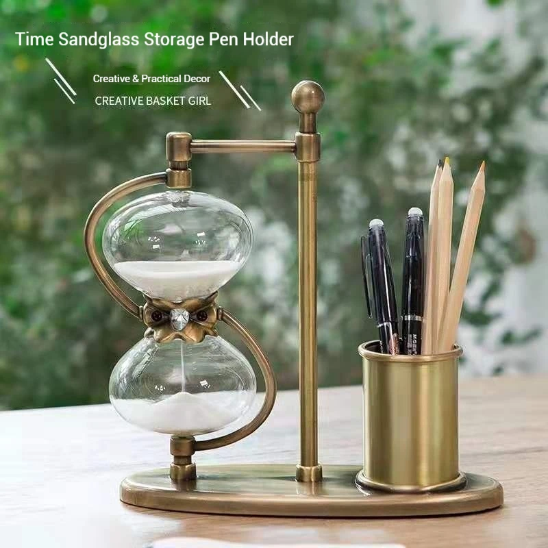 

15 Minutes Hourglass Pen Holder Decor Pencil Vase Metal Luxury Hourglass Timer Office Home Desktop Ornament Sand Clock Gifts