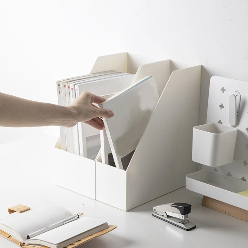 Desk Book Organizer Rack Home Office Storage Box Book Stationery Storage Rack Vertical Stackable Free Combination White