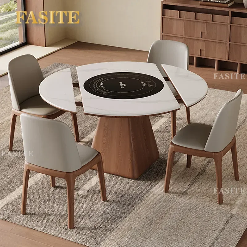 For Solid Wood Retractable Dining Table with Induction Cooker Intelligent Voice Control Warming Turntable Folding Rock Slab