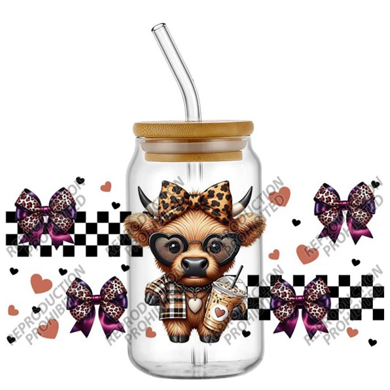 popular Leopard Bow Cow UV DTF Cup Wrap transfer Stickers Waterproof No Heat Transfer for 16oz Libbey Glass Can Tumbler Decal