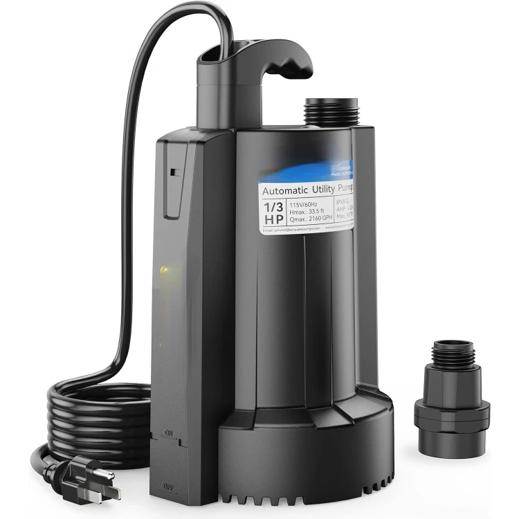 

1/3 HP Automatic Submersible Water Sump Pump, 115V with 3/4” Garden Hose Check Valve Adapter,2160 GPH High Flow Water