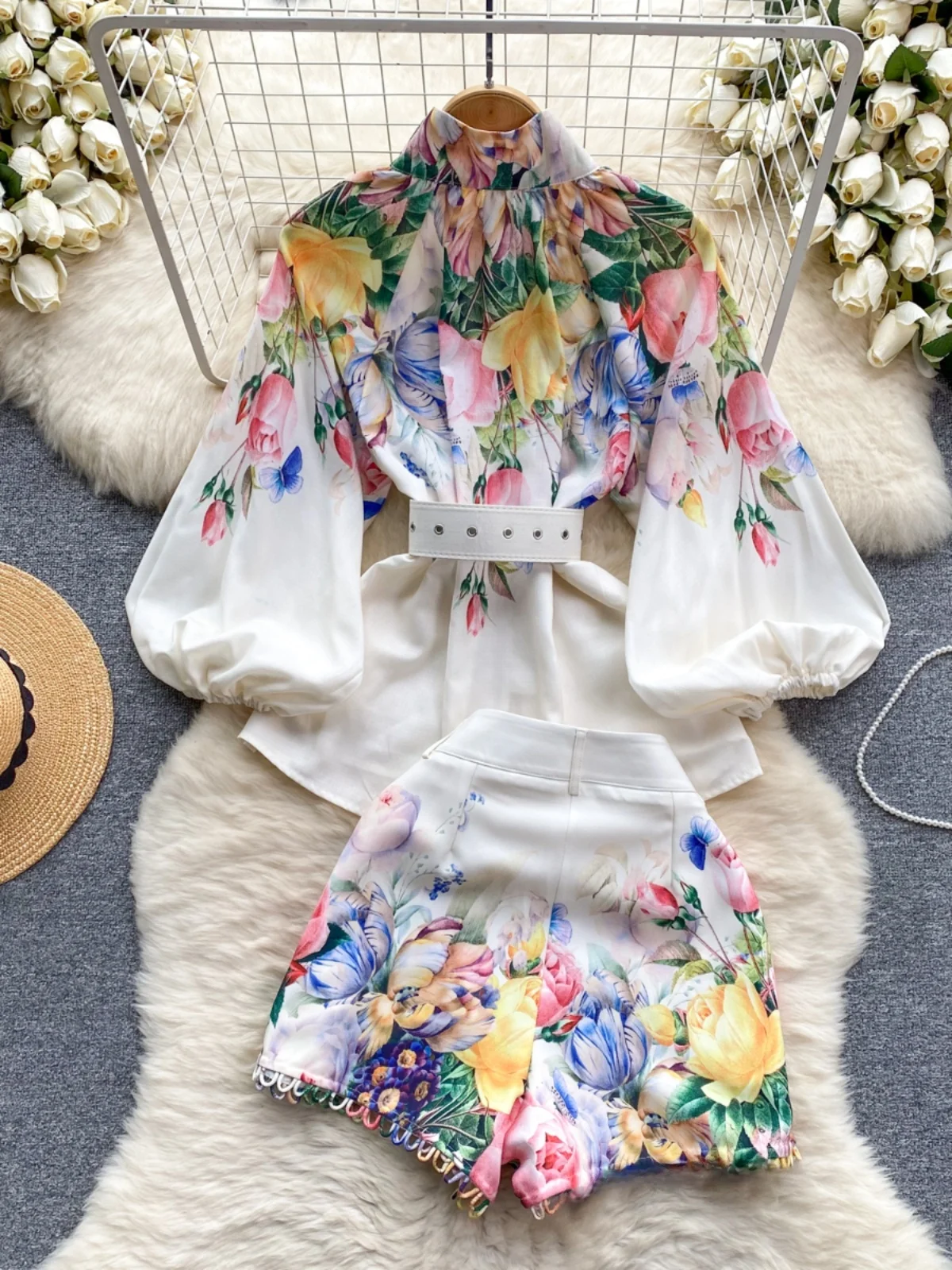 

Spring Collection Court Sle Set Women's Design Printed Stand Collar irt Versatile Wide Leg orts Faionable Two Piece Set