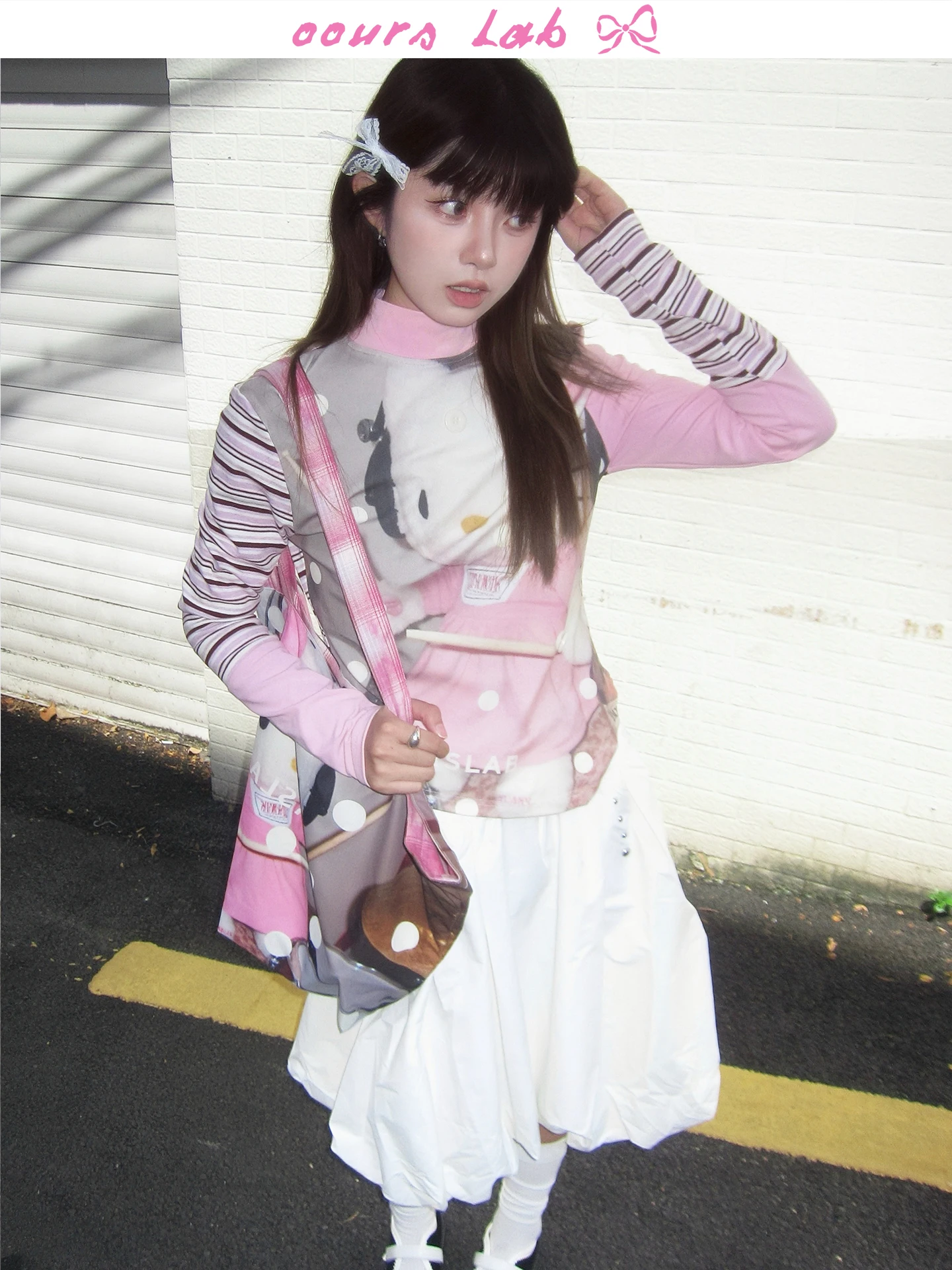 

Sweet Original OOURSLAB женская футболка розового цвета в полоску с высоким воротником Base irt повседневный длинный хлопковый топ све