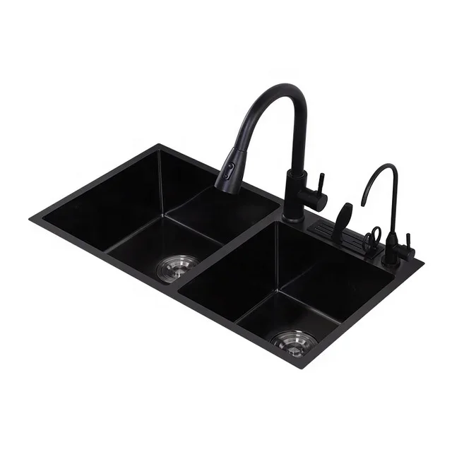 SUS304 Nano wastafel dapur bawah mangkuk ganda, wastafel dapur hitam baja tahan karat buatan tangan dengan keran