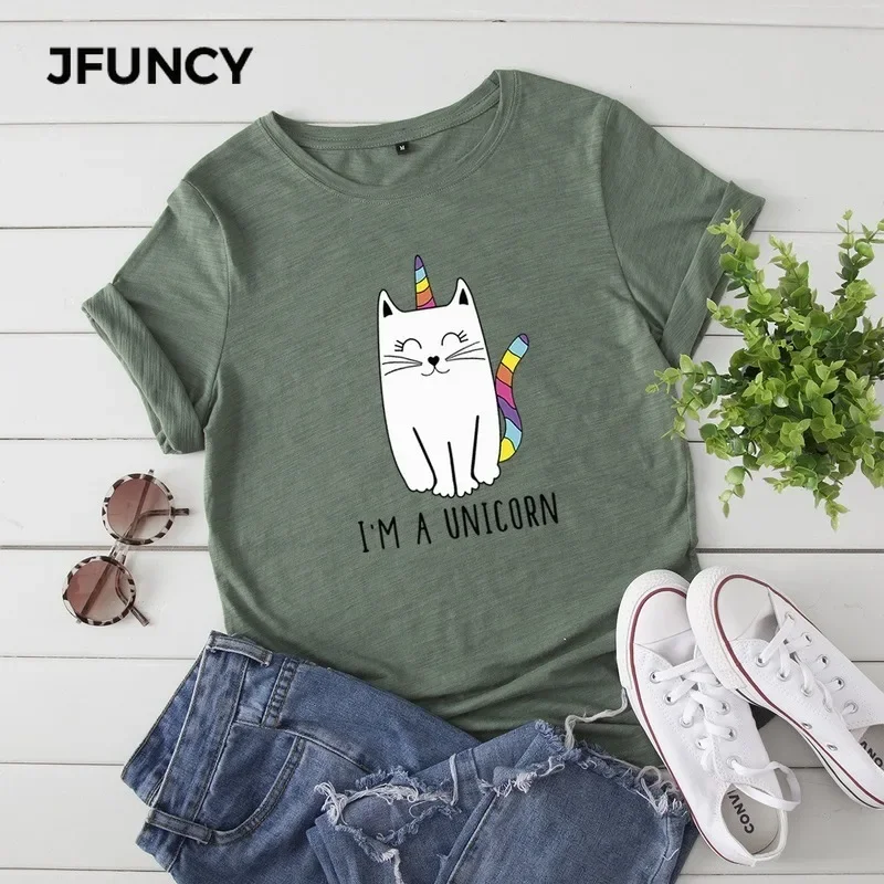 JFUNCY 100% Cotton Women Summer T Shirt Cute Unicorn Print Tees Tops Short Sleeve Woman T-shirt Female Loose Tshirt