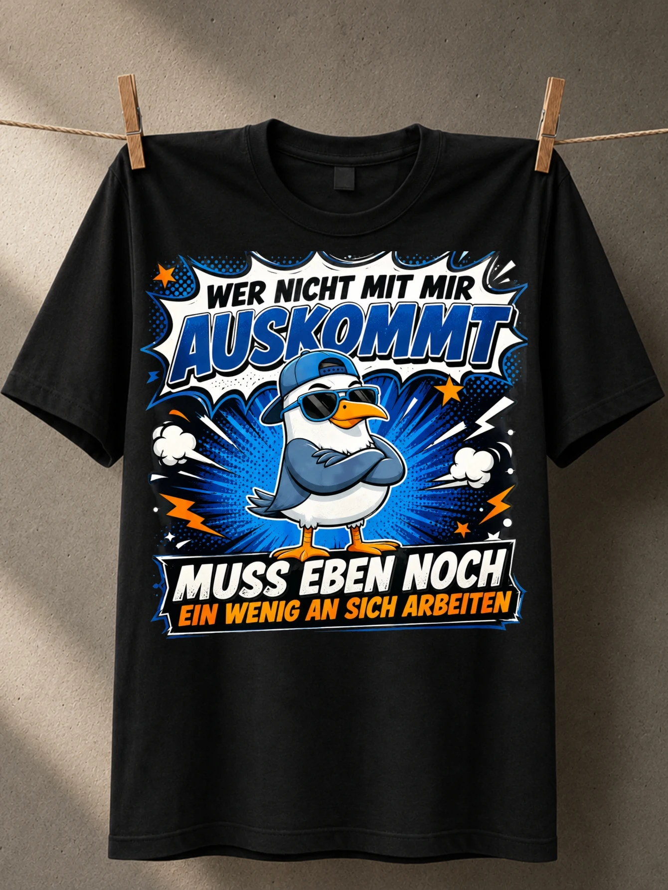 Comic Seagull with German Auskommt lettering crossed wings lightning smoke puffs and blue burst  Unisex All T-Shirt