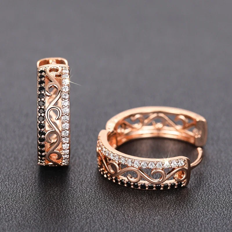 Huitan White/Black CZ Rose Gold Color Hoop Earrings for Women Hollow Out Pattern Aesthetic Female Earrings Wedding Trend Jewelry
