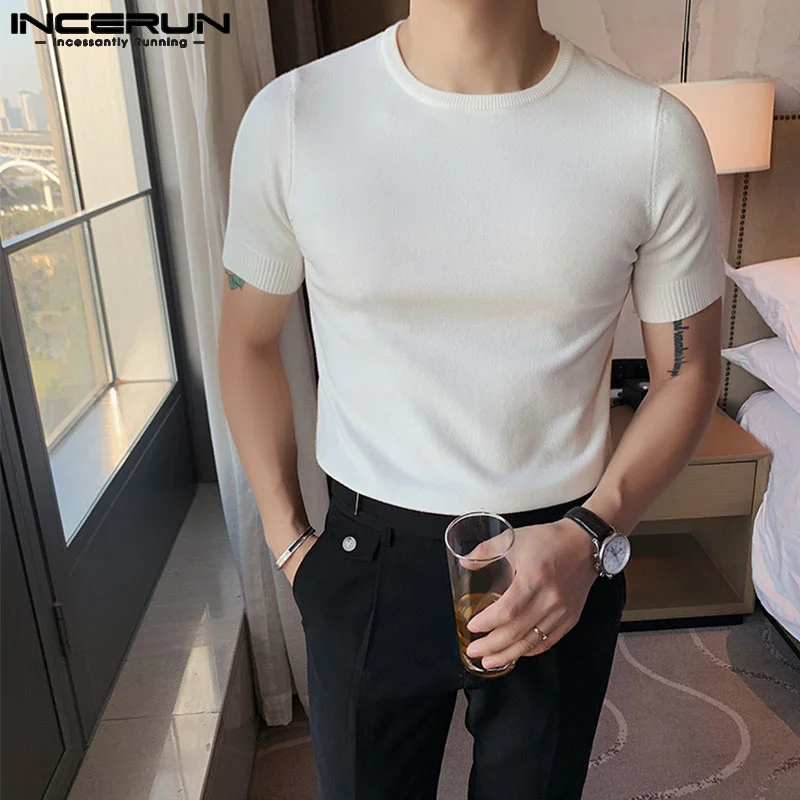 INCERUN 2023 Men\'s T Shirt Round Neck Short Sleeve Streetwear Korean Basic Tee Tops Solid Color Summer Casual Men Clothing S-5XL