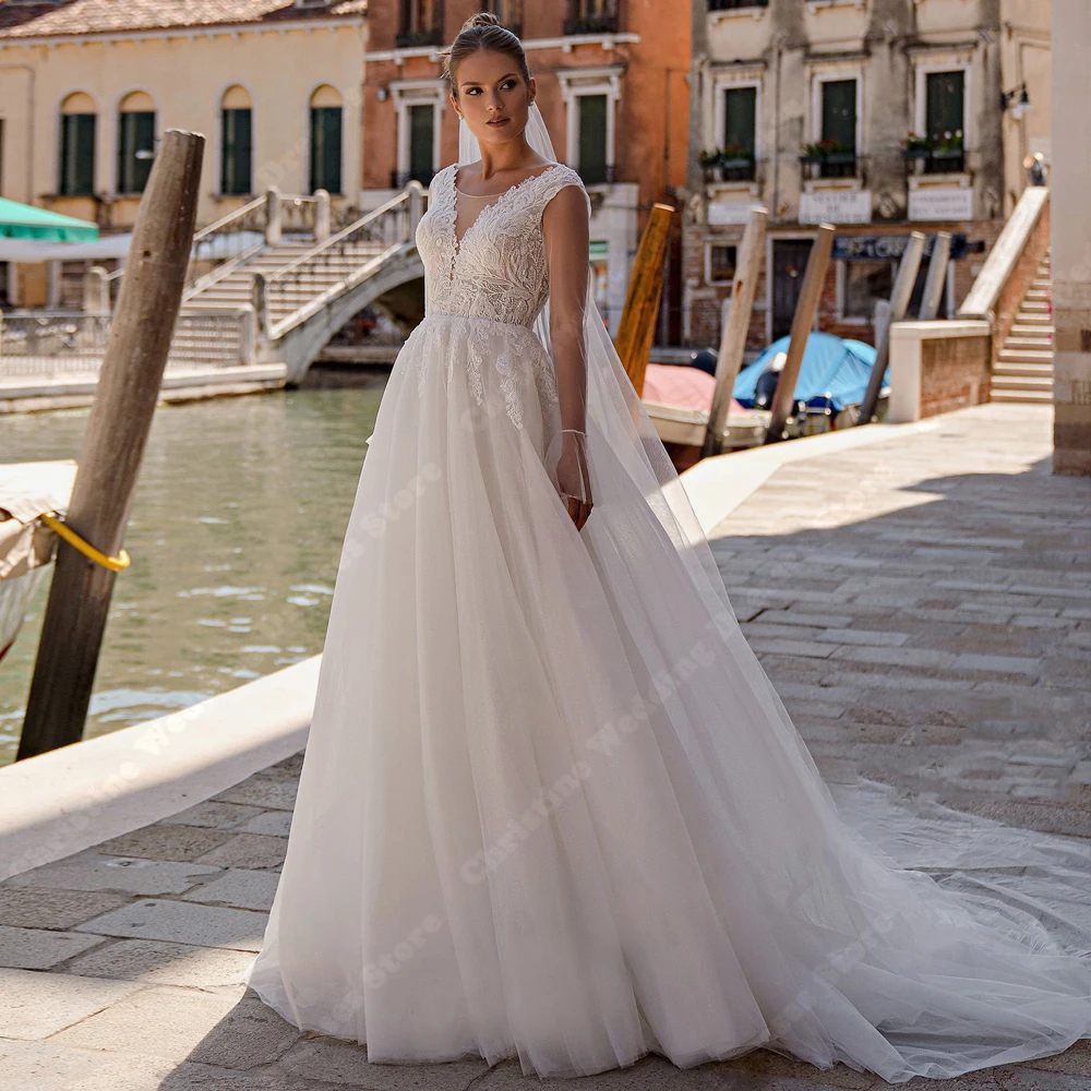 Noble Glitte-Vestidos de Novia de encaje para mujer, traje de novia con escote en V, apliques de línea A, mangas largas, Espalda descubierta, 2024