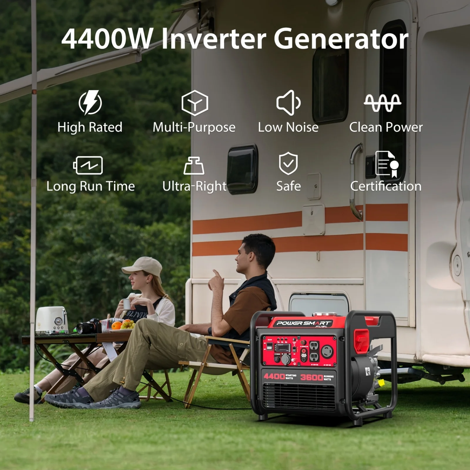 PowerSmart 4400W Portable Inverter Generator Gas Powered Lightweight Quiet for Home RV Ready 30A Outlet