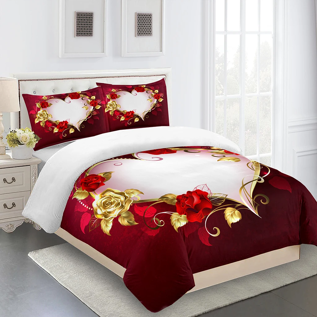 Red Rose Romantic Gold Flower Girl Kids Quilt Durex Full King Size 3Pcs Duvet Cover Bedding Linen Set Bedspread 200x200 240x220