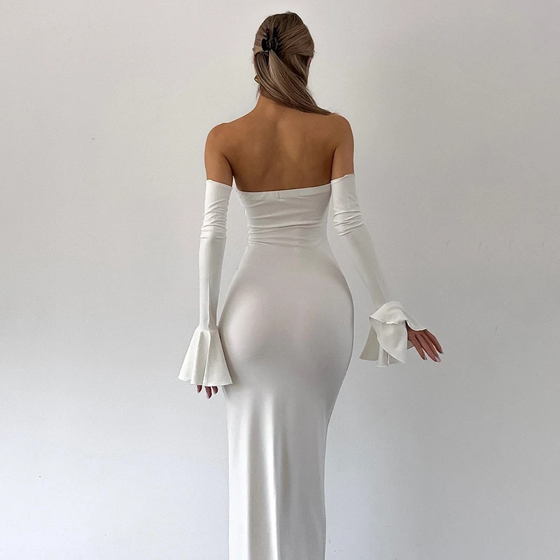 Sexy Slash Neck Long Sleeve Pullover Maxi Dress Women Solid Color Off Shoulder High Waist Elegant Party Vestido 2024 Summer