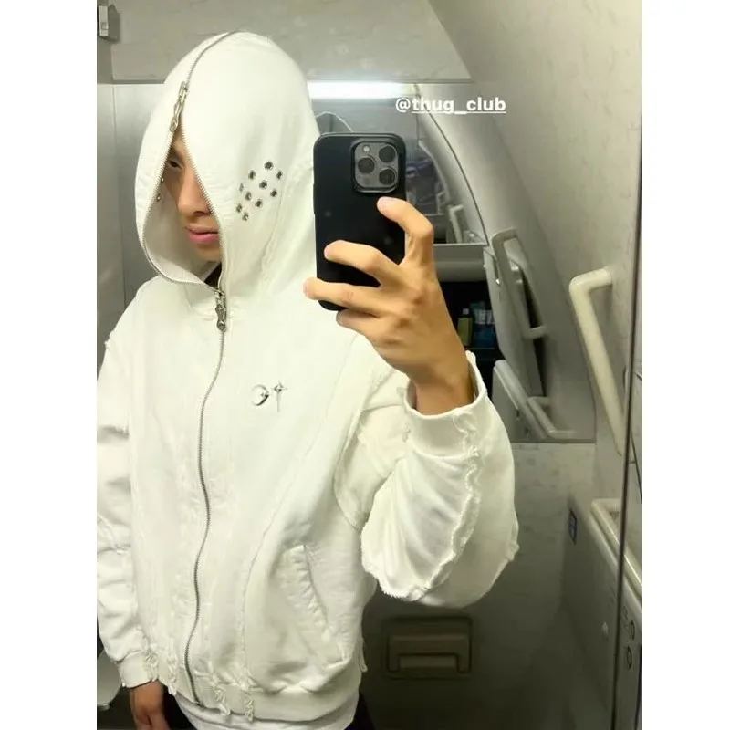 

Thug Club VIBE Washed Metal Zipper Masked Ninja Hooded Jacket Short Sleeve Shirt Trendy Outfit Coat