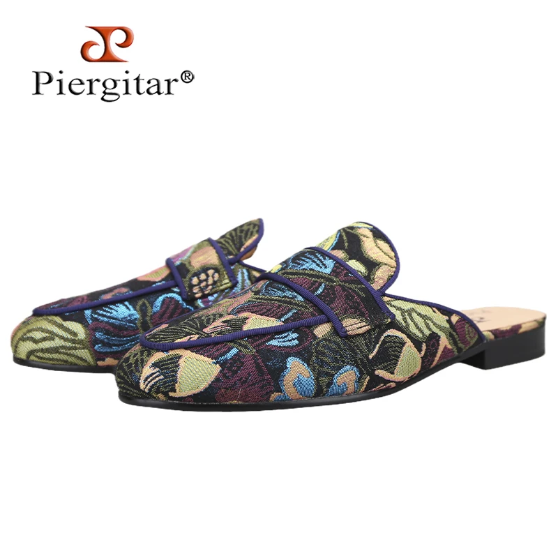 Piergitar Summer Style Totem Silk Men's Mules With Handmade Blue Gros-Grain Piping Slip-On Slippers Leather Insole Plus Size