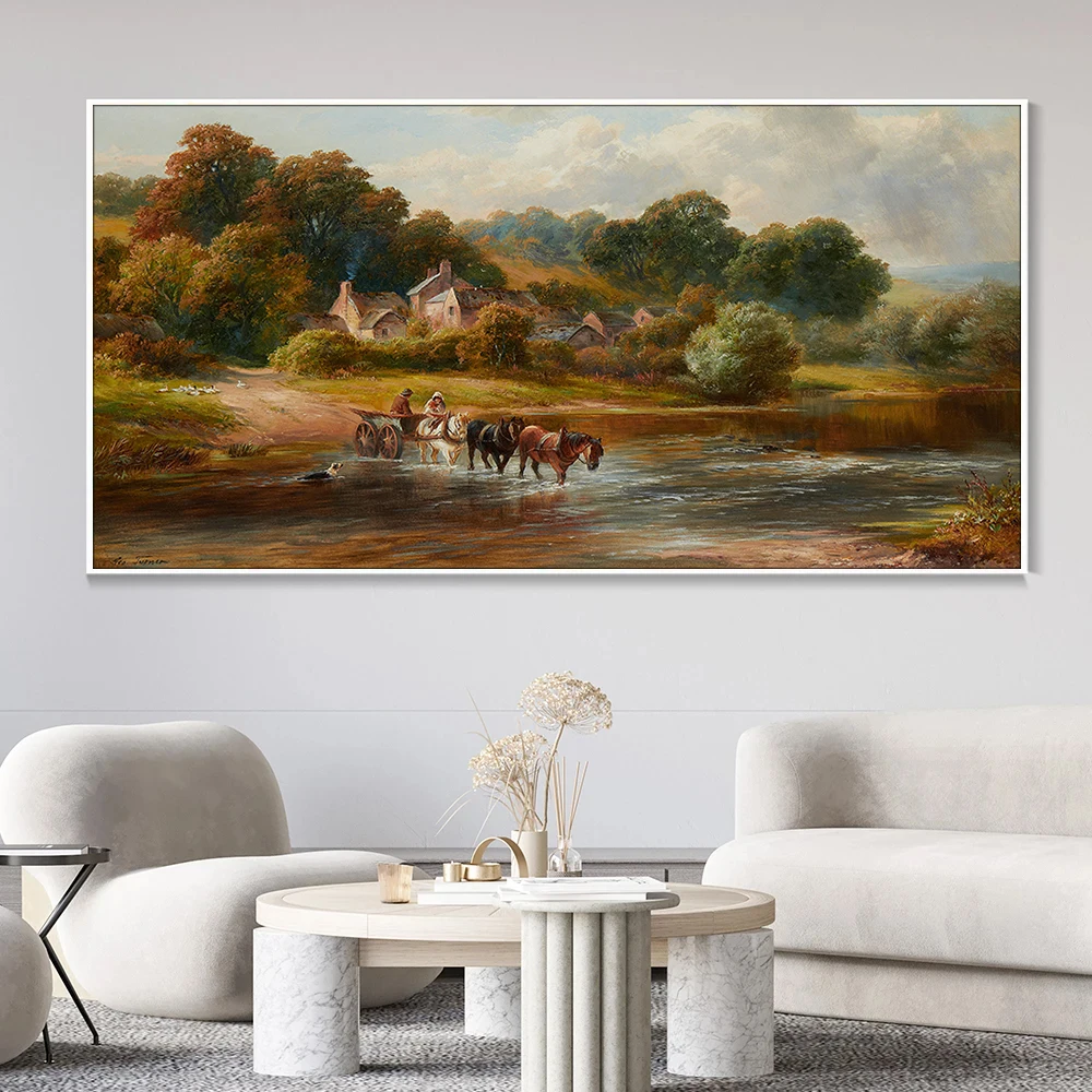 Cross a River 19th Century Landscape Classical Wall Art Canvas Painting Poster Print Mural Home Decor Items Illustration