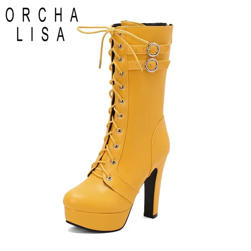 

ORCHA LISA Новый дизайн Женские сапоги до середины икры с круглым носком и блоком Heles 12 см Платформа 3,5 см Молния на шнуровке Металлическое украшение 48 49 50