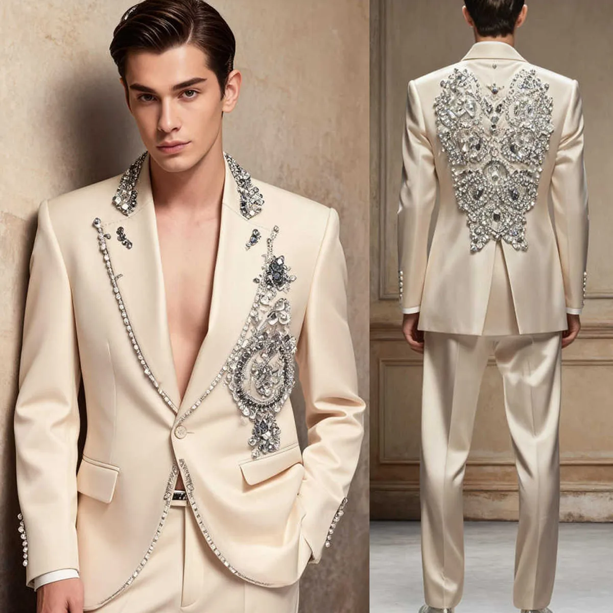 

Мужской костюм-смокинг с индивидуальным дизайном, украшенный блестками и кристаллами, приталенный, для свадьбы, с бриллиантами, комплект из 2 предметов, для жениха, с пик-лацканами, для вечеринок