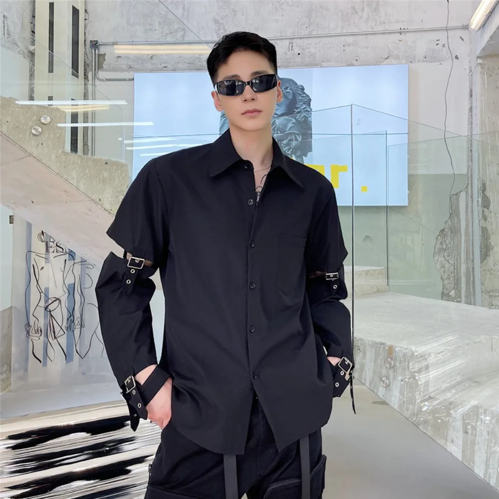 High Street Black Shirts Men's New Locomotive Style Metal Strap Long Sleeved Shirt Personalized Dark Tie Top