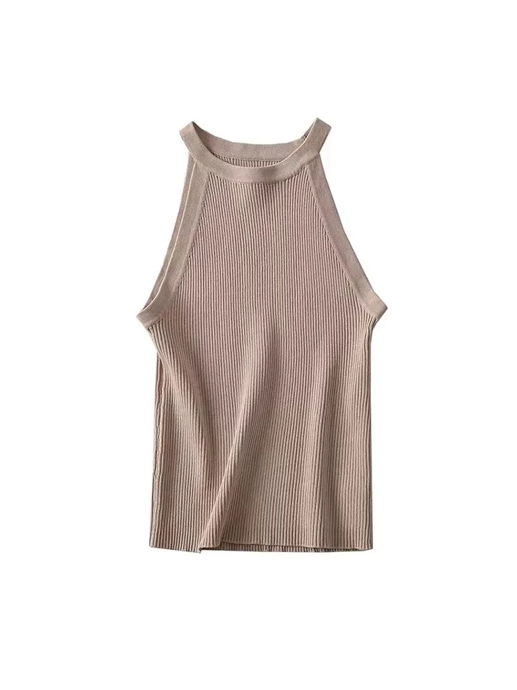 TRAF Canotte basic in maglia a righe moda donna Canotte sexy senza maniche o collo femminile Camis Mujer