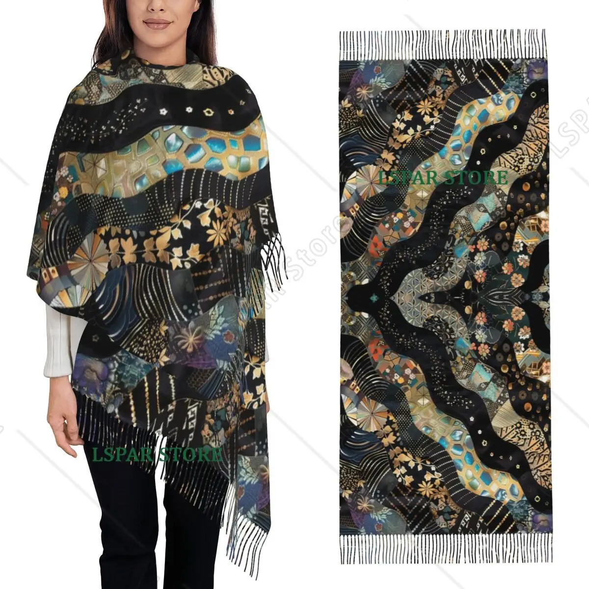 Traditional Japanese Fabric Patchwork Scarf Tassel Scarves for Women Soft Warm Shawls and Wraps Large Fall Winter Shawl Wrap