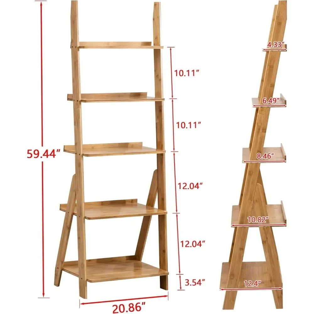 Bamboo Ladder Shelf Bookcase, 5-Tier Leaning Bookshelf Free Standing Organizer Storage Shelves