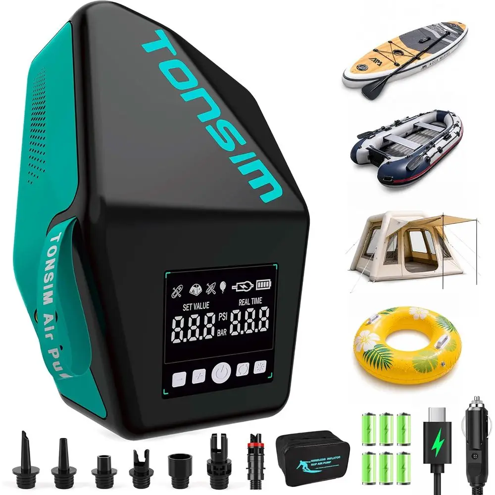

Portable Rechargeable Dual-Stage SUP Pump, 20 PSI, 4 ES, 12V Car Adapter, Auto Shut-Off for Paddleboards, Inflatable Kayaks & Te
