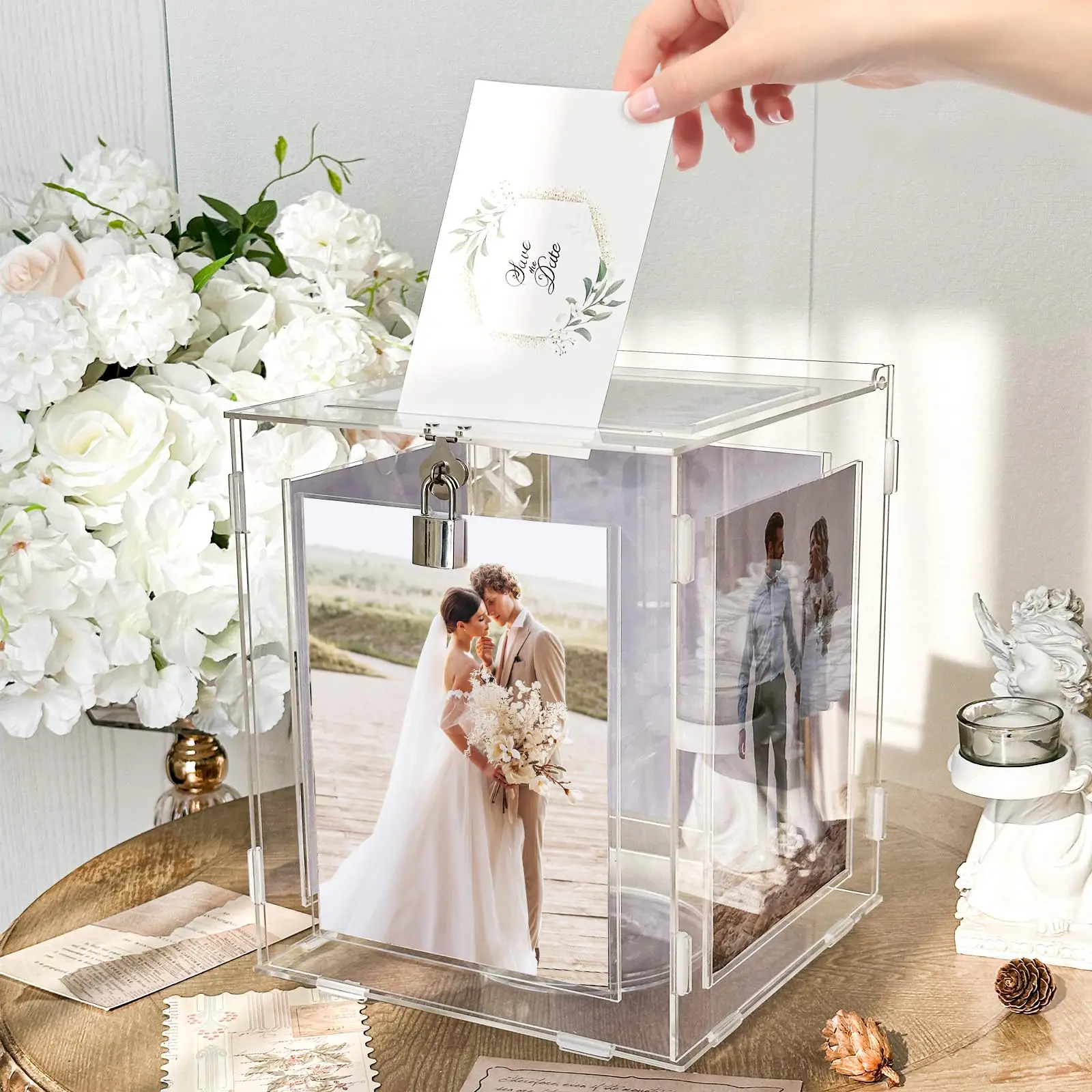 Acrylic Wedding Card Box with Picture Holder, Gift Card Box for Wedding Reception Money Envelope Birthday Party