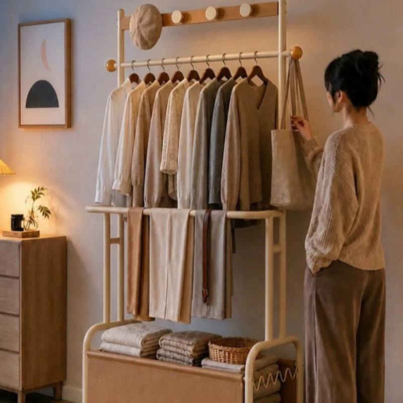 Double Rod Clothes Rack With Large Fabric Storage Basket Garment Hanger Stand With Rolling Wheel Coat Rack For Bedroom Organizer