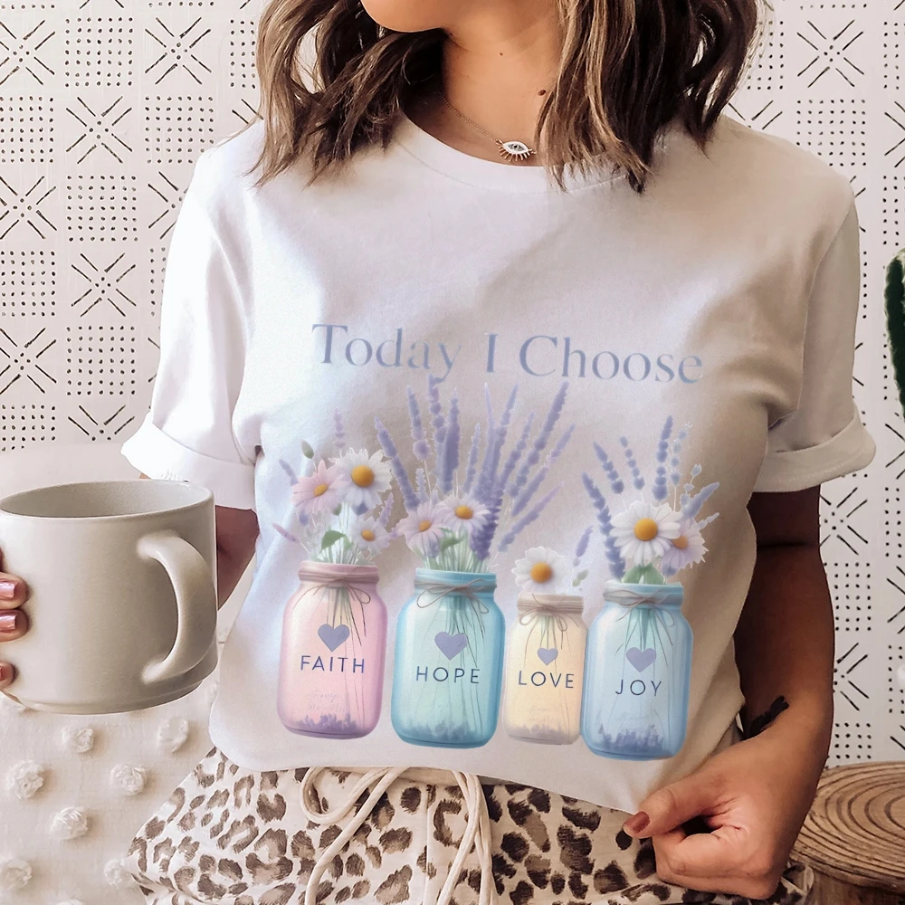 

Inspirational Slogan with Delicate Floral Jars, Uplifting & Elegant Y2k Graphic Tee, Soft Fabric for Soulful Casual Looks