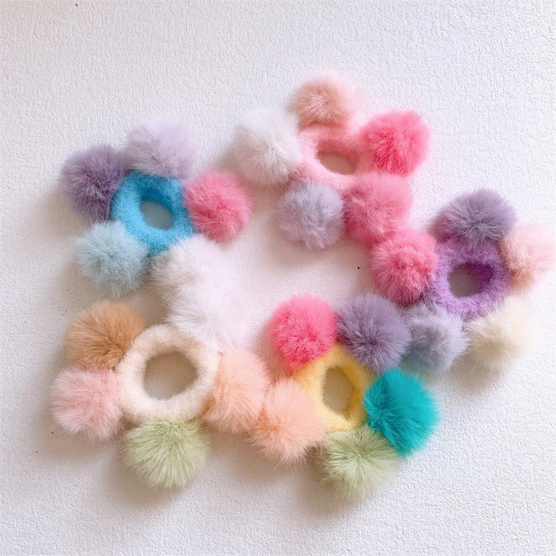 2024 Winter Cute Pompom Hair Tie For Kids Pink Plush Ball Hair Bands Girls Elastic Hair Rope Scrunchie Baby Hairbands headdress