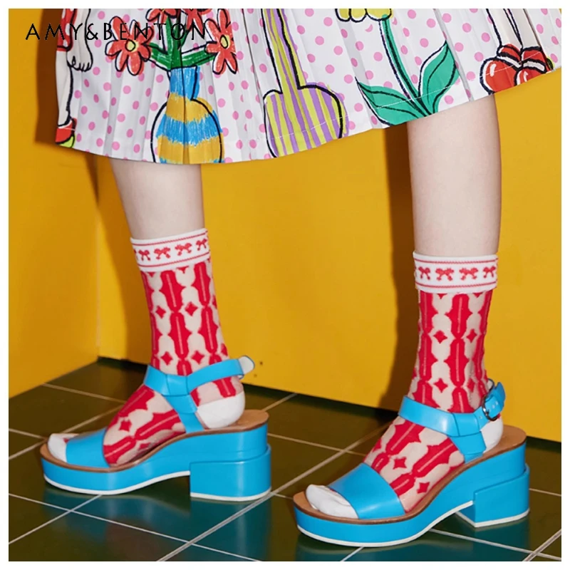 

Summer New Geometric Jacquard Hosiery Japanese Design Transparent Colorful Thin Versatile Age-Reducing Mid-Calf Socks Ladies
