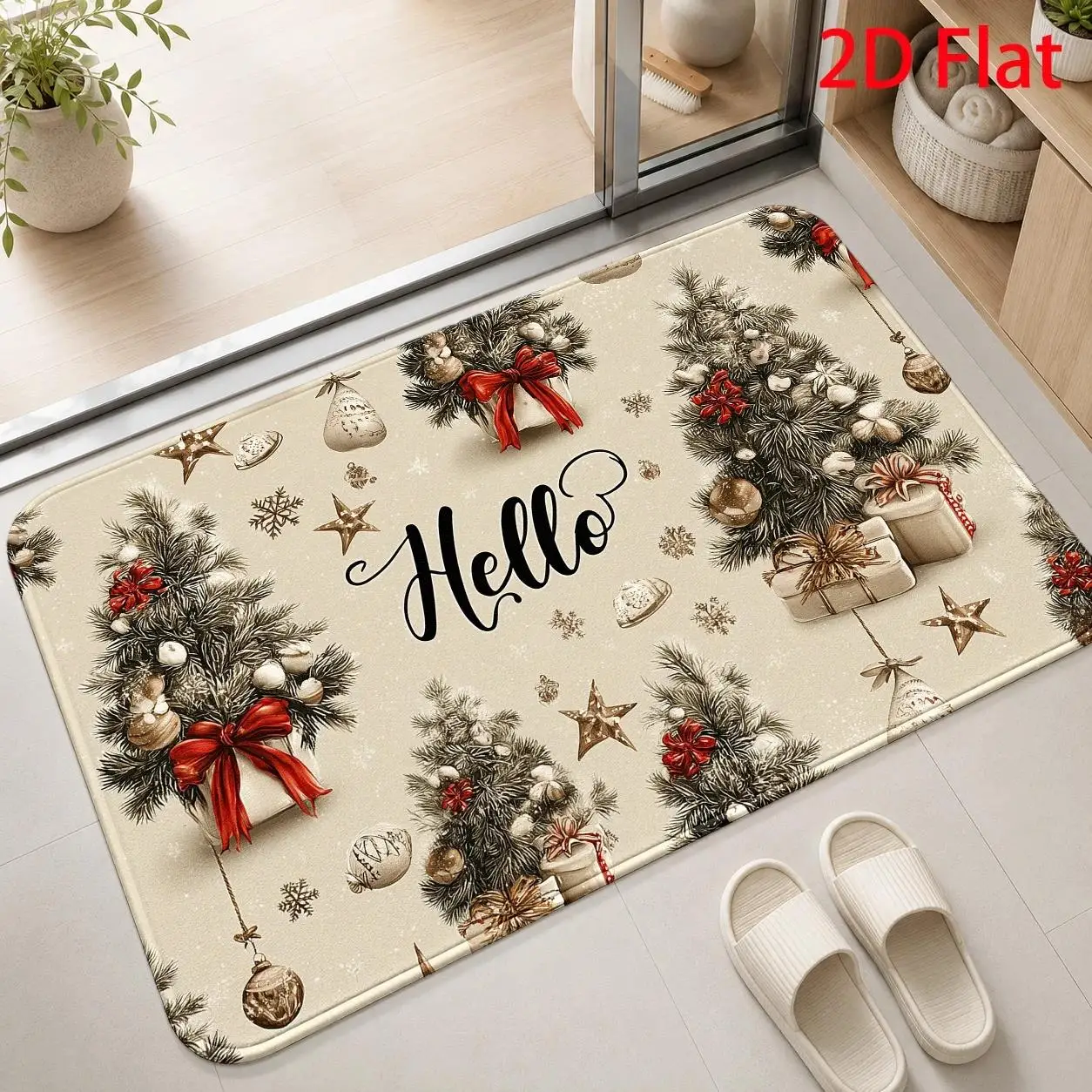 Beige Christmas Tree Gift Box Bell Pattern Hello Text Print Durable Washable Floor Cover For Elegant Holiday Season Living Room