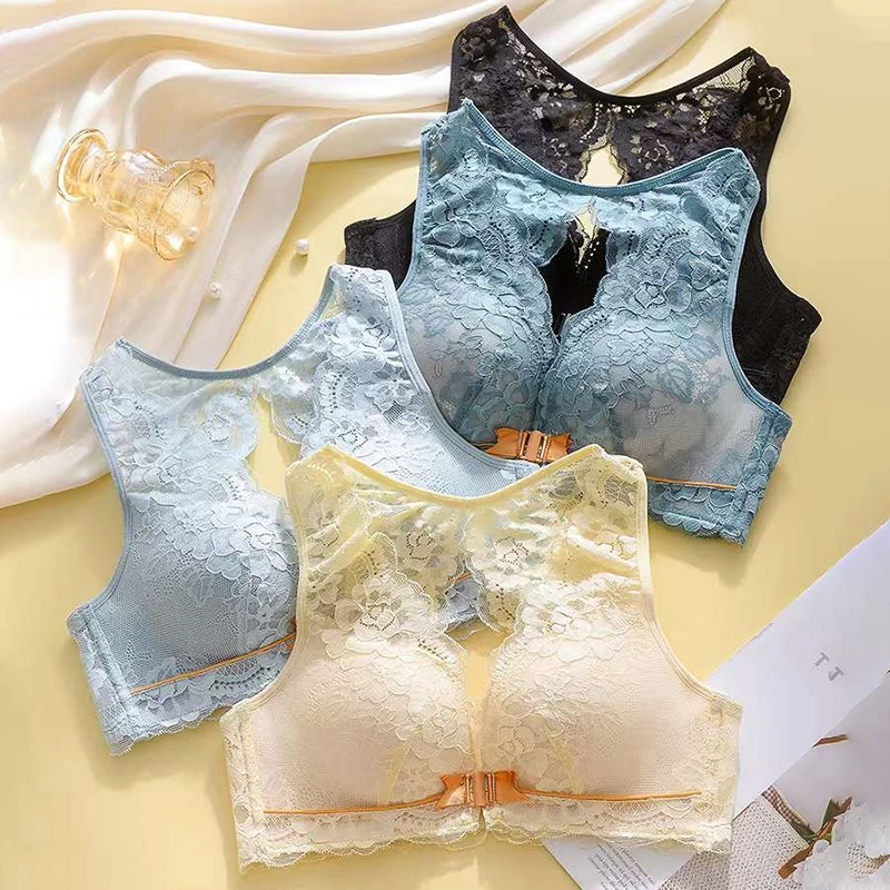 Front Button Underwear Gather Together Comfortable Soft Bra Ventilate No Steel Ring Lace Vest Bra Anti-Sag Women Chest Wrap