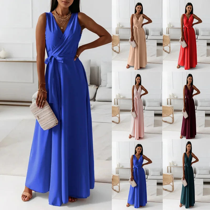 

2025 European and American Spring and Summer New Women's Clothing Solid Color V-neck Dress