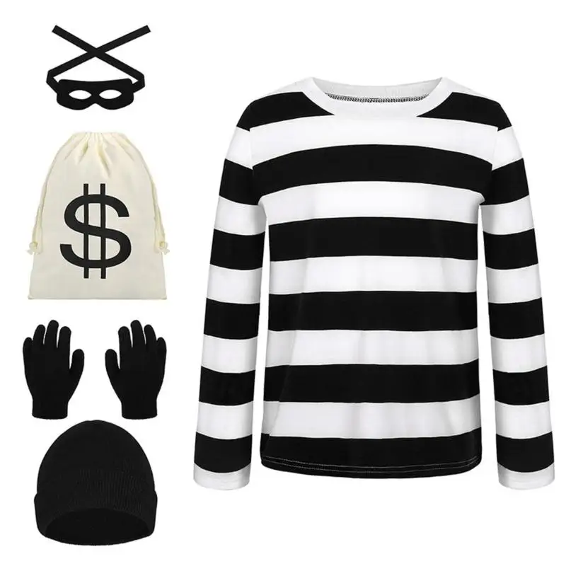 39BD Halloween Robber Costume Set Thief Cosplay Stripe Shirt Mask Gloves Caps Money Bag for Cosplay Dressing Up Party