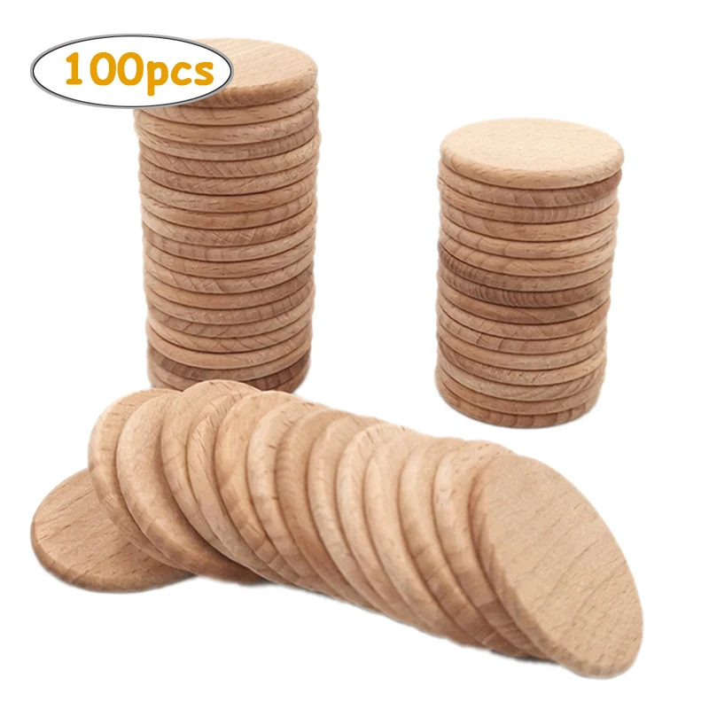 

100pcs 2.5cm, 8mm Thick Natural Beech Wood Slices, Unfinished Solid Wooden Coins Cutouts Tokens for Crafts Projects, DIY Crafts