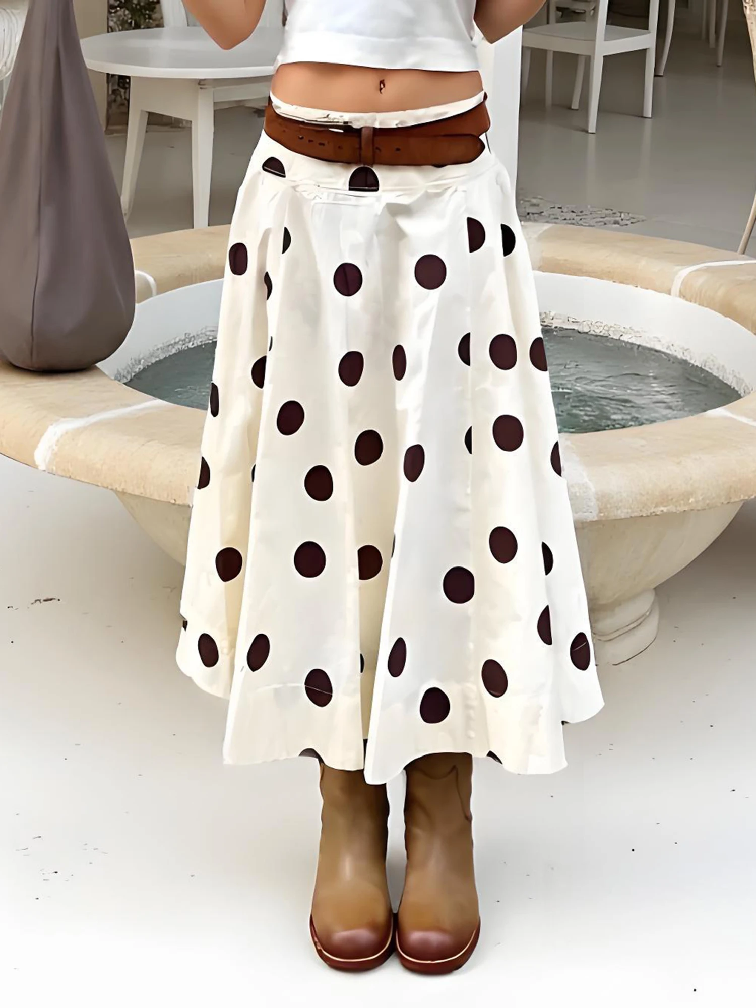 

Women White A-Line Skirt Dots Print High Waist Midi Skirt Elegant Swing Skirts for Daily Leisure and Work