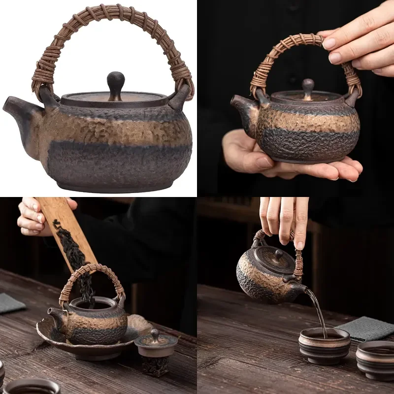 

【CHIMU HOME】 Japanese Gilding Iron Glaze Rattan Loop-handled Teapot for Retro Small Ceramic Kung Fu Set Single