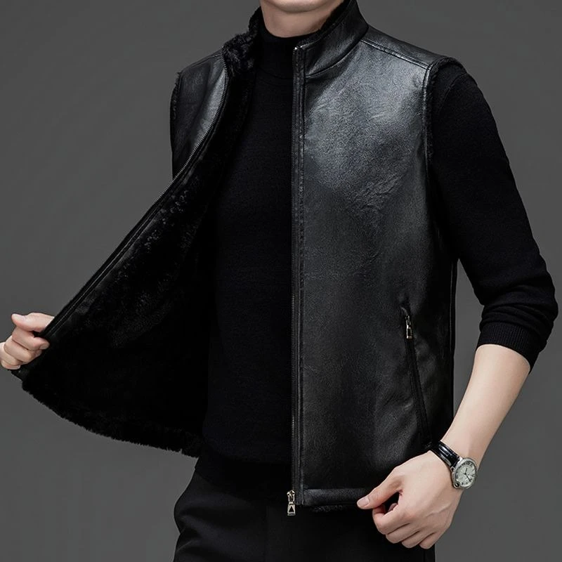 

Men's PU Leather Fur Vest Autumn Winter Furry Thickened Thermal Cape with Sleeveless Design for Midlife Adults