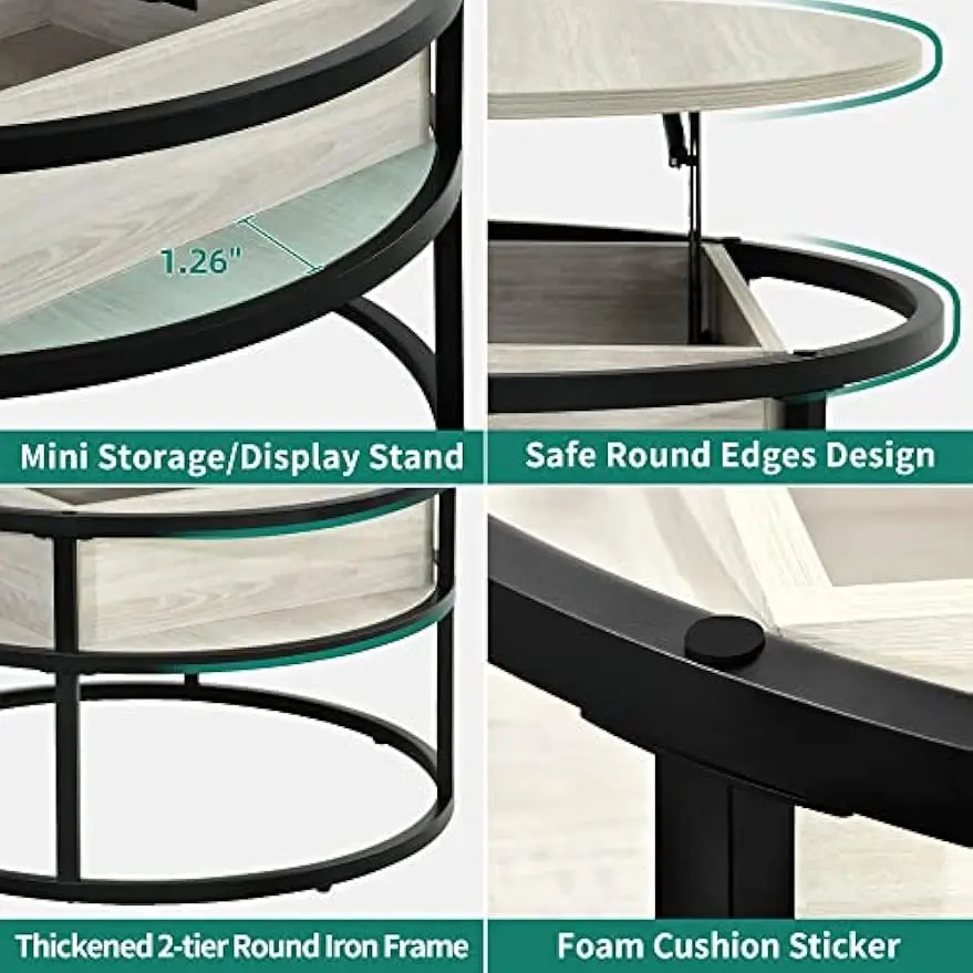 Round Lift Top Coffee Table, Coffee Tables for Living Room with Hidden Storage Compartment, Modern Coffee Table with Storage