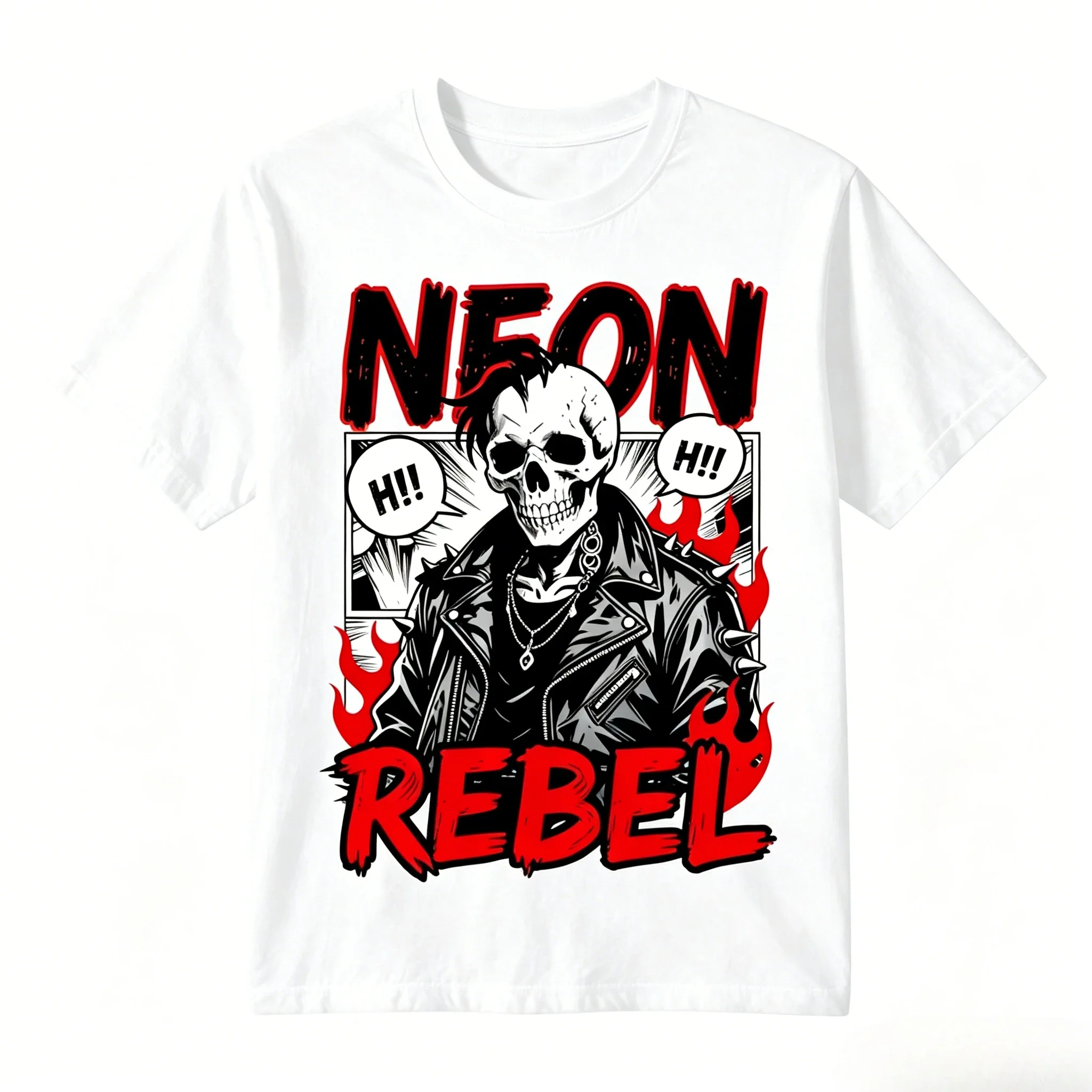 Men's Kids Neon Rebel Punk Skull Design Cotton T-shirt Oversize Casual Short Sleeve with Spiked Leather Jacket Fire Comic Print