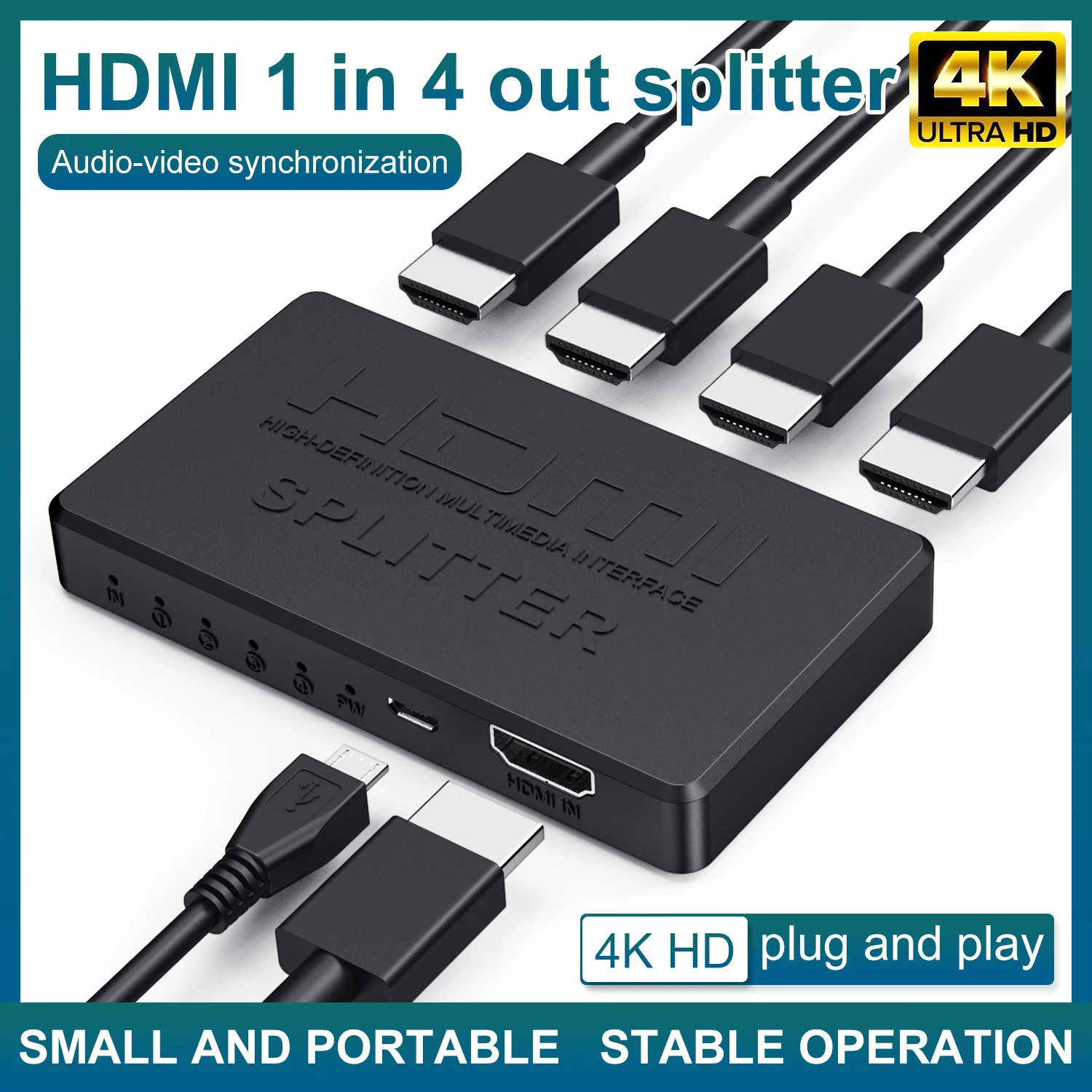 Divisor 1 en 4 salida Compatible con HDMI, conmutador de vídeo HD 4K, adaptador de Cable HDMI, concentrador 1x4 para PS4, Monitor de portátil, TV