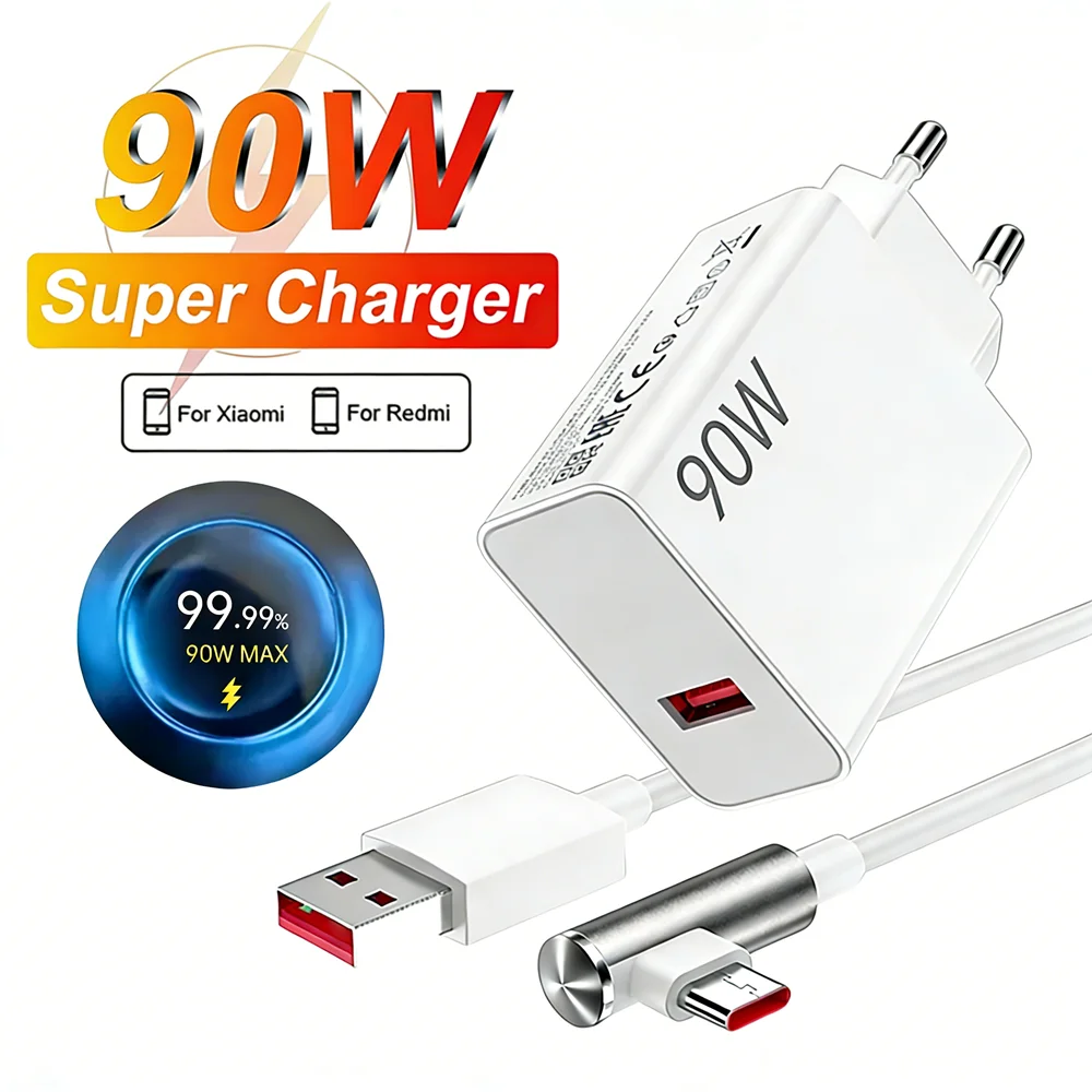 90W Max EU Fast Charger For Xiaomi 13 14 15 Ultra 15T 17 Pro Redmi Note 14 15 Pro POCO F6 F7 F8 X7 X8 Pro Type C USB Elbow Cable