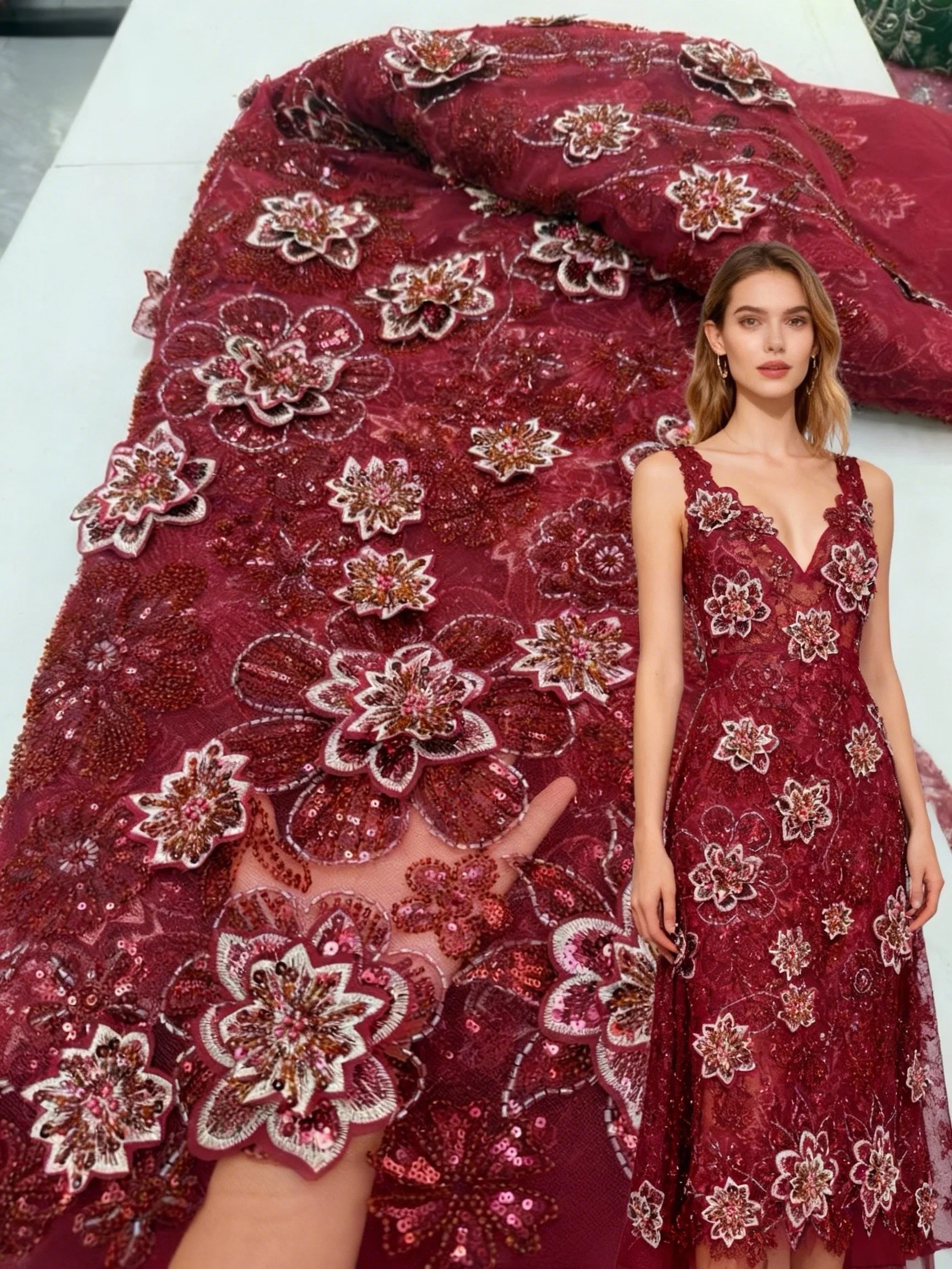 

2026 Hot Selling Lace Fabric Red Nigerian for Women Party Dress Luxury Embroidery Sequins Beaded Lace High Quality Africa French