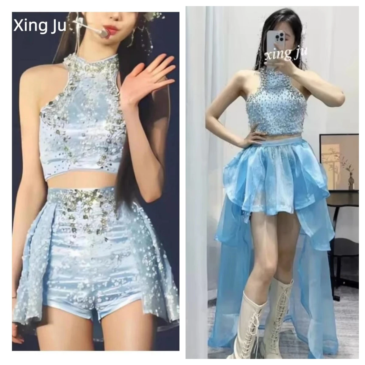 

Xing Ju Korean Singer Blue Sexy Tight Shorts Women Kpop Stage Outfits Slim Rhinestone Halter Tops Jazz Dance Performance Costume