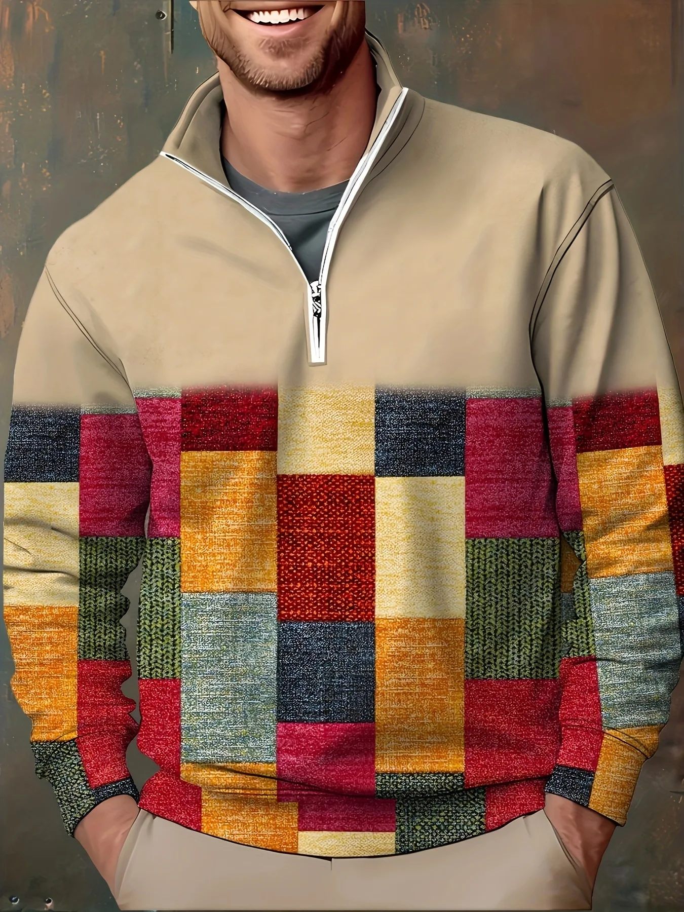 

2026 New Versatile Half Zipper Sweatshirt Vintage Ethnic Style Stand Collar Pullover Autumn Winter Casual Men Clothing Daily Top