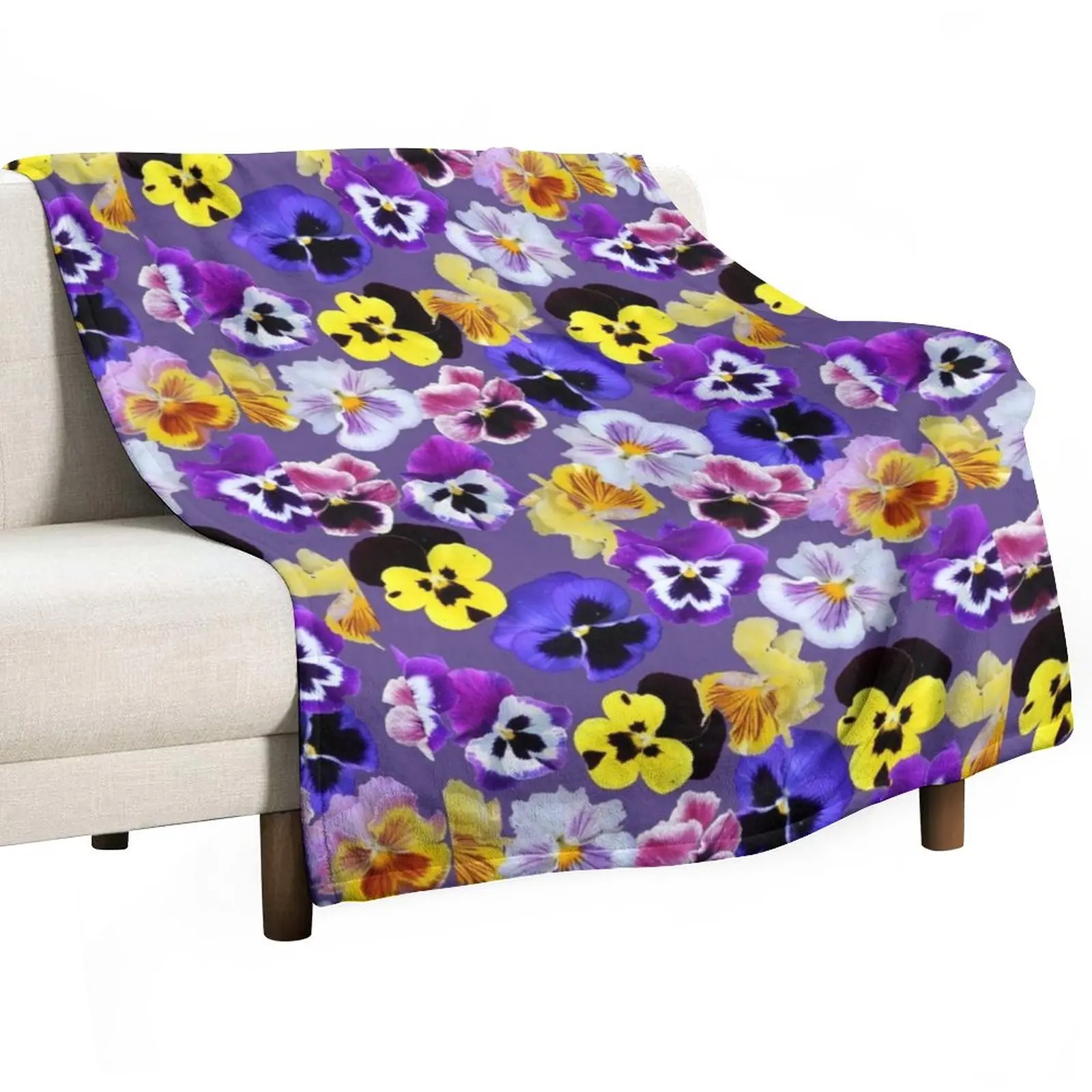 Pansy Mixture on Violet Throw Blanket Flannel Fabric Luxury Thicken Blanket Soft Plaid Kid'S Blanket