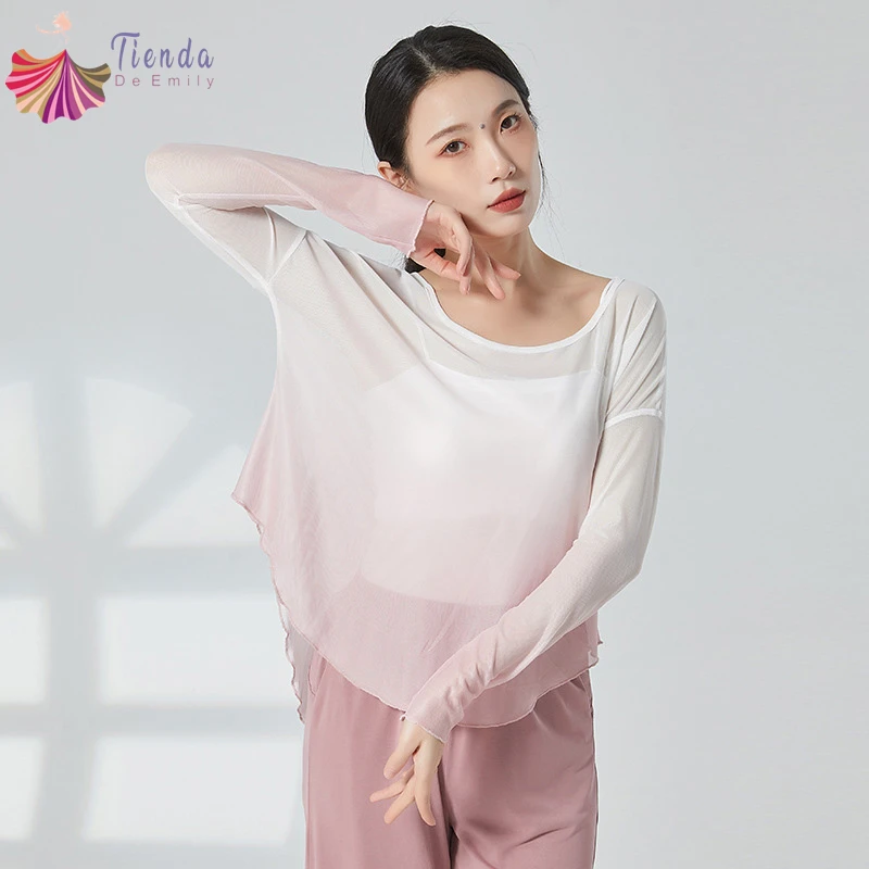 클래식 댄스 탑 여성 거즈 메쉬 블라우스 그라디언트 색상 긴 소매 둥근 밑단 셔츠 느슨한 현대 댄스웨어 연습 옷